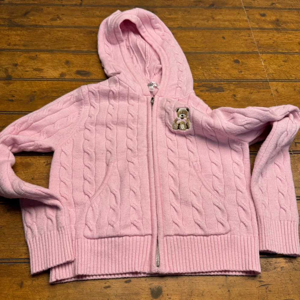 Stella Tweed Girls‎ Pink Cable Knit Teddy Bear Zip Up Hoodie Jacket Size 14